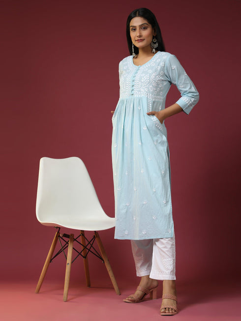 Chikankari Hand embroidery Round neck Dress with Pocket- Sky Blue